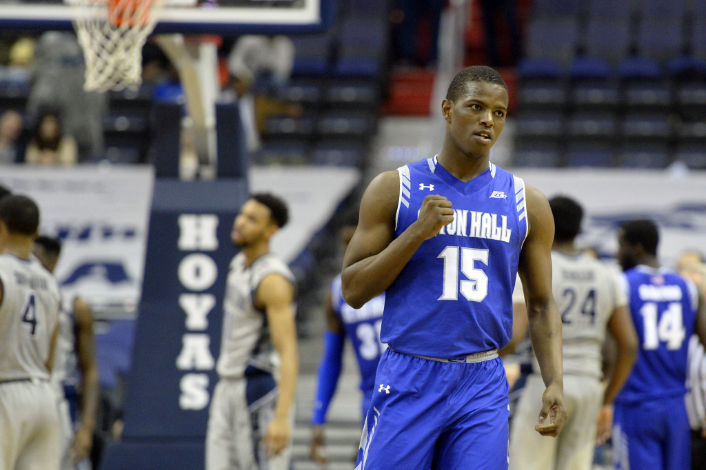 Feb 17, 2016; Washington, DC, USA; Seton Hall Pirates guard Isaiah Whitehead (15) reacts after making a three point shot during the second half against the Georgetown Hoyas at Verizon Center. Seton Hall Pirates defeated Georgetown Hoyas 74-62. Mandatory Credit: Tommy Gilligan-USA TODAY Sports